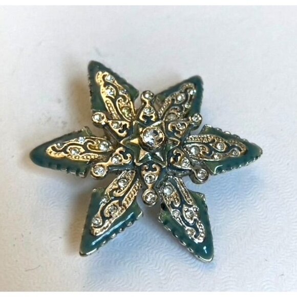 Vintage Monet Flower Rhinestone Brooch Green Enamel Snowflake Star - Picture 4 of 7